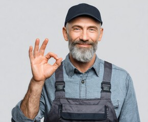 A mature man in work clothes displays an "okay" gesture against a neutral backdrop.