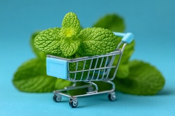 Fresh Mint Shopping Miniature Cart Full of Herbs on Blue Background.