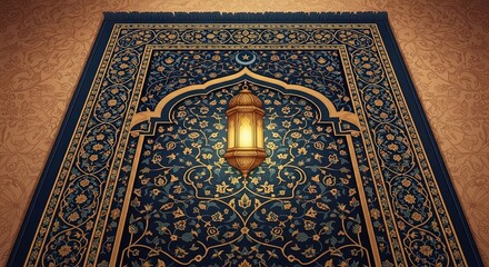 Ornate blue rug with decorative lantern inspired by Ramadan theme  