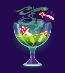 Halloween cocktail or scary drink with amanita mushrooms, cartoon vector. Halloween horror night and trick or treat holiday magic potion cocktail with poisonous witch mushrooms on devil trident