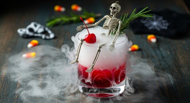 Spooky Cocktail with Skeleton and Dry Ice - A festive Halloween cocktail featuring a skeleton perched on a glass, garnished with cherries and dry ice for a smoky effect, with candy corn accents