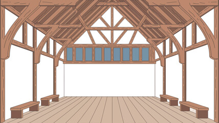 Obraz premium Illustration of a wooden structure with benches and a window panel above the open space area inside