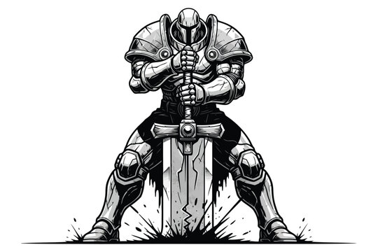 Vector art of a powerful knight in full armor holding a greatsword this illustration captures the strength and determination of a medieval warrior