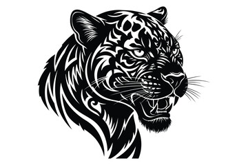 Obraz premium Vector art of roaring jaguar head illustration, showcasing intricate tribal patterns and sharp teeth, embodying strength and ferocity in a striking design