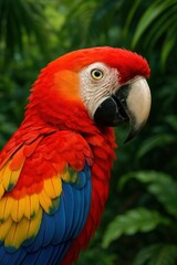 Fototapeta premium Colorful Parrot Portrait. Scarlet Macaw in Jungle. AI Generative.