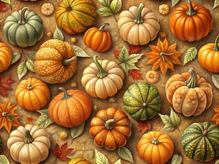 Assortment of pumpkins and autumn leaves on textured background