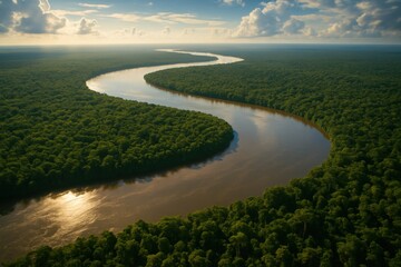 Aerial view of the Amazon River in rainforest. AI Generative.