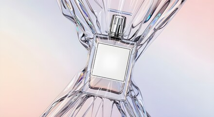 Obraz premium Luxury square perfume bottle with blank label wrapped in crystal-clear plastic for branding design and cosmetic product advertising mockup