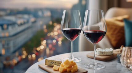 Advertising photography for a telecom campaign. Two elegant glasses of red wine and a small selection of fine cheeses arranged on a stylish table in the foreground. The setting is