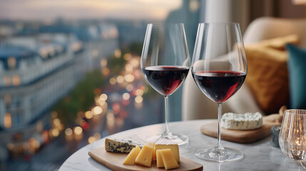 Naklejka premium Advertising photography for a telecom campaign. Two elegant glasses of red wine and a small selection of fine cheeses arranged on a stylish table in the foreground. The setting is