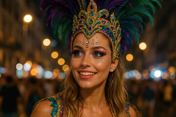 Smiling tourist woman at Rio de Janeiro carnival. AI Generative.