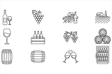 Obraz premium Vector art of wine icon set this collection features various elements related to wine, including bottles, glasses, grapes, vineyards, and barrels, all in a clean and minimalist style
