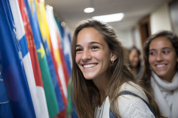 Exchange program welcome event with cultural flags and smiling students