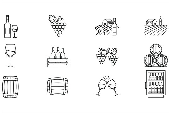 Vector art of wine icon set this collection features various elements related to wine, including bottles, glasses, grapes, vineyards, and barrels, all in a clean and minimalist style