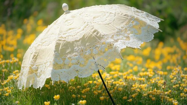 A delicate white lace umbrella standing amidst a beautiful field of yellow flowers, perfect for use as a decorative element or symbolizing hope and sunshine