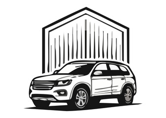 Modern White SUV Car in Front of a Geometric Building Structure with Clean Lines and Urban Background Graphic Design