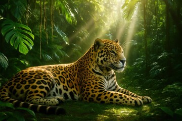 Obraz premium Leopard in rainforest sunlight. AI Generative.
