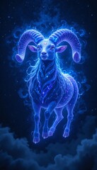 A majestic glowing ram floats through a starlit cosmic background at night