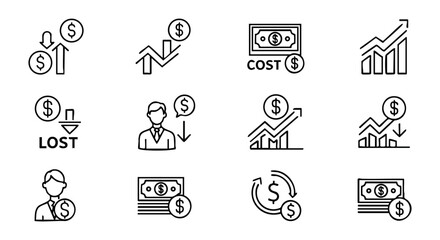 Collection of Finance and Investment Icons Representing Financial Growth, Cost Management, Profit and Loss Analysis with Charts and Currency Symbols in a Monochrome Design