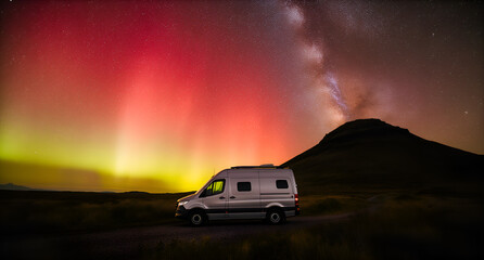 Aurora Borealis Over Camper Van