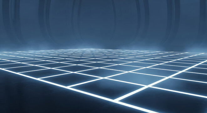 Futuristic Neon Grid Floor in a Dark Blue Room with Fog image photo
