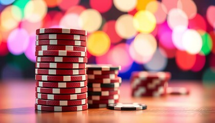 A stack of poker chips, vibrant bokeh background,  texture,  shiny