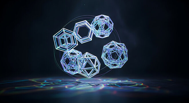 Geometric Shapes Floating in a Dark Space with Reflected Light Patterns abstract polyhedra