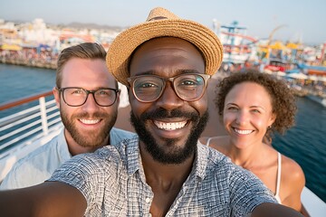 Obraz premium Group of Friends Smiling Taking a Selfie on a Cruise Ship at an Amusement Park.