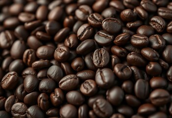 Dark roasted coffee beans, close-up shot, rich texture, deep brown hues,  dark background,  coffee shop