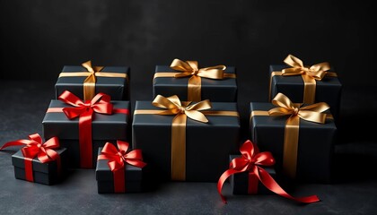 Elegant black gift boxes arranged on a dark surface,   product photography,   gift wrapping