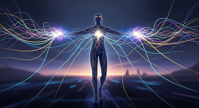Human figure radiating colorful energy lines in a futuristic landscape power