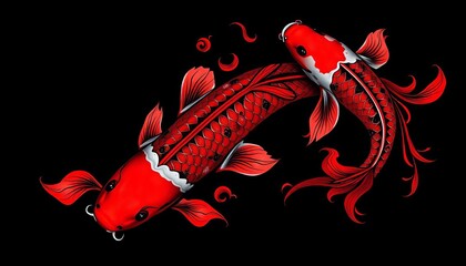 Intricate red & black koi intertwined, dark grey background ,  carp,  serene