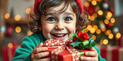 Joyful child unwrapping a Christmas gift, eyes wide with delight, winter, festive season