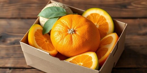 Juicy orange melon in rustic cardboard box on wooden background ,  photography,  summer fruit
