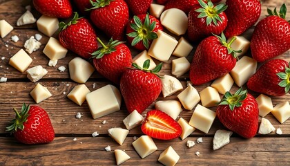 Luscious red strawberries & white chocolate chunks scattered on rustic wood, high resolution, gourmet