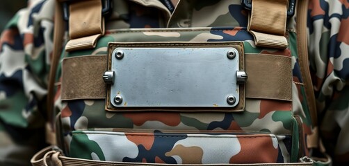 Metal plate affixed to camouflage tactical vest,  tactical,   military equipment