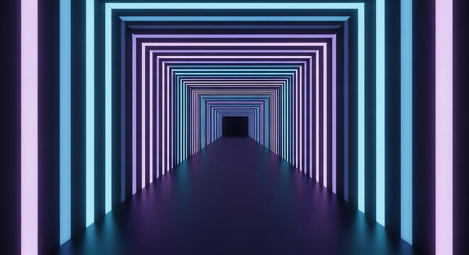 Infinite Neon Tunnel Corridor with Blue and Pink Vertical Lights abstract