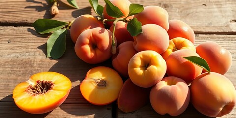 Rustic wooden table with sun-drenched ripe peaches spilling onto it, food photography, composition
