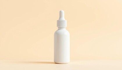Sleek white dropper bottle against a minimalist beige backdrop, treatment, product