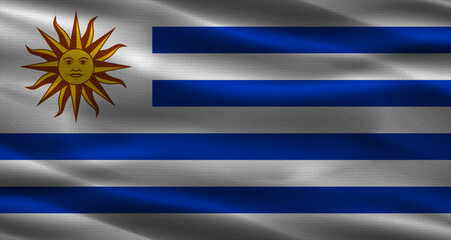 Uruguay flag with fabric texture. Realistic flag of Uruguay waving