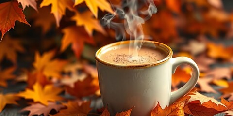 Steaming pumpkin spice latte in ceramic mug, autumn leaves background, cinnamon, ceramic