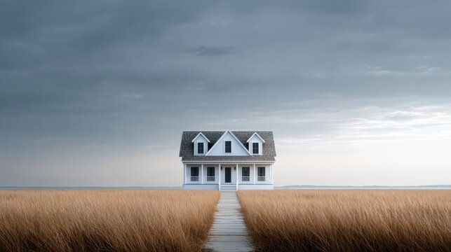 Seaside House Amidst Meadow: A serene seaside house sits gracefully amidst a vast meadow, a testament to nature's beauty and architectural harmony, under a dramatic sky.