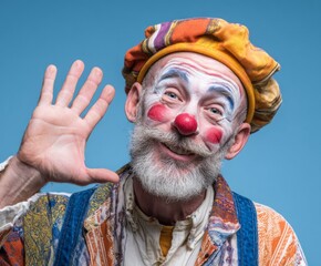 A cheerful senior clown with vibrant makeup and a colorful costume waves warmly, showcasing a playful and joyful expression against a bright backdrop.