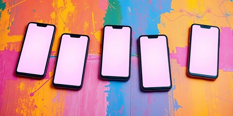 Vibrant smartphones with blank screens on colorful backdrop,  phone template,  mobile