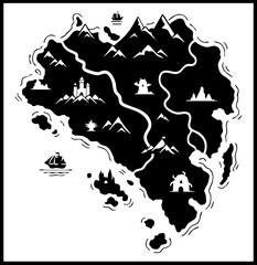 Discover uncharted territories and hidden wonders on this stylized fantasy island map, perfect for adventure and exploration visuals.