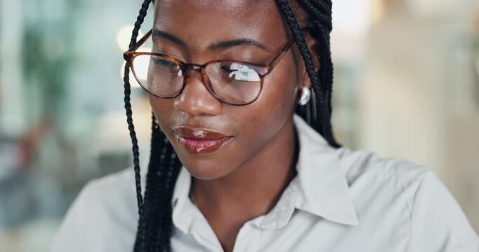 Tablet, glasses and research with business black woman in office for account data, dividends payout and profit. Portfolio charts, bokeh and reflection with person in agency for digital report