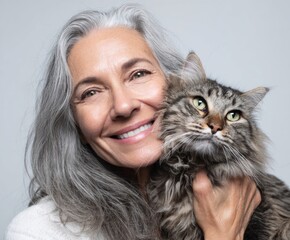 A joyful senior woman embraces her beloved cat, showcasing a warm and loving connection.