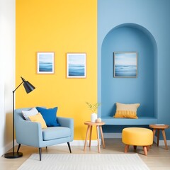 A corner of a childrens room modern decoration yellow and blue walls no decorations on the walls clean and tidy