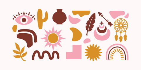 Trendy pastel boho icons in flat style bundle. Perfect for posters, invitations, packaging, and modern lifestyle branding.