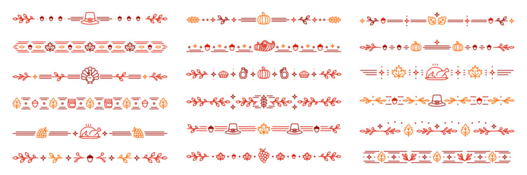 Happy Thanksgiving frame borders and dividers with harvest decorations, vector set. Thanksgiving Day holiday borders for frames of turkey and pumpkin with cornucopia and maple leaves for dividers